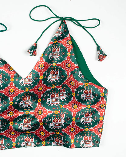 Patolaa Printed Satin Spaghetti Tie Up Blouse