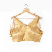 Beige Jacquard Banarasi Tissue Spaghetti Tie Up Blouse