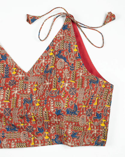 Kalamkrii Printed Cotton Spaghetti Tie Up Blouse