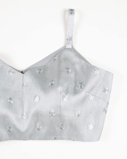 Silver Booti Embroidery Banarasi Tissue Strappy Blouse