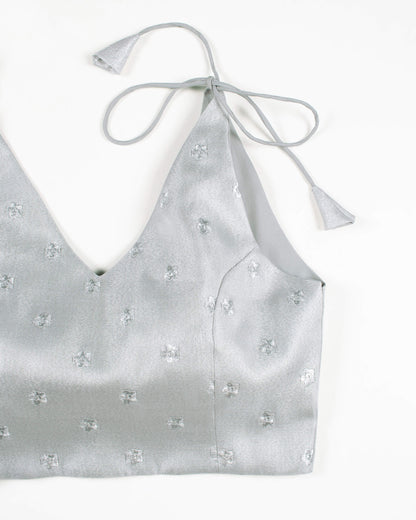 Silver Booti Embroidery Tissue Spaghetti Tie Up Blouse