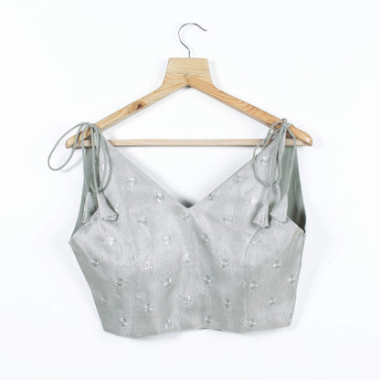 Silver Booti Embroidery Tissue Spaghetti Tie Up Blouse
