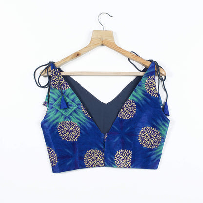 Traditional Foil Print Art Silk Spaghetti Tie Up Blouse