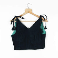 Green Dual Tone Velvet Spaghetti Tie Up Blouse