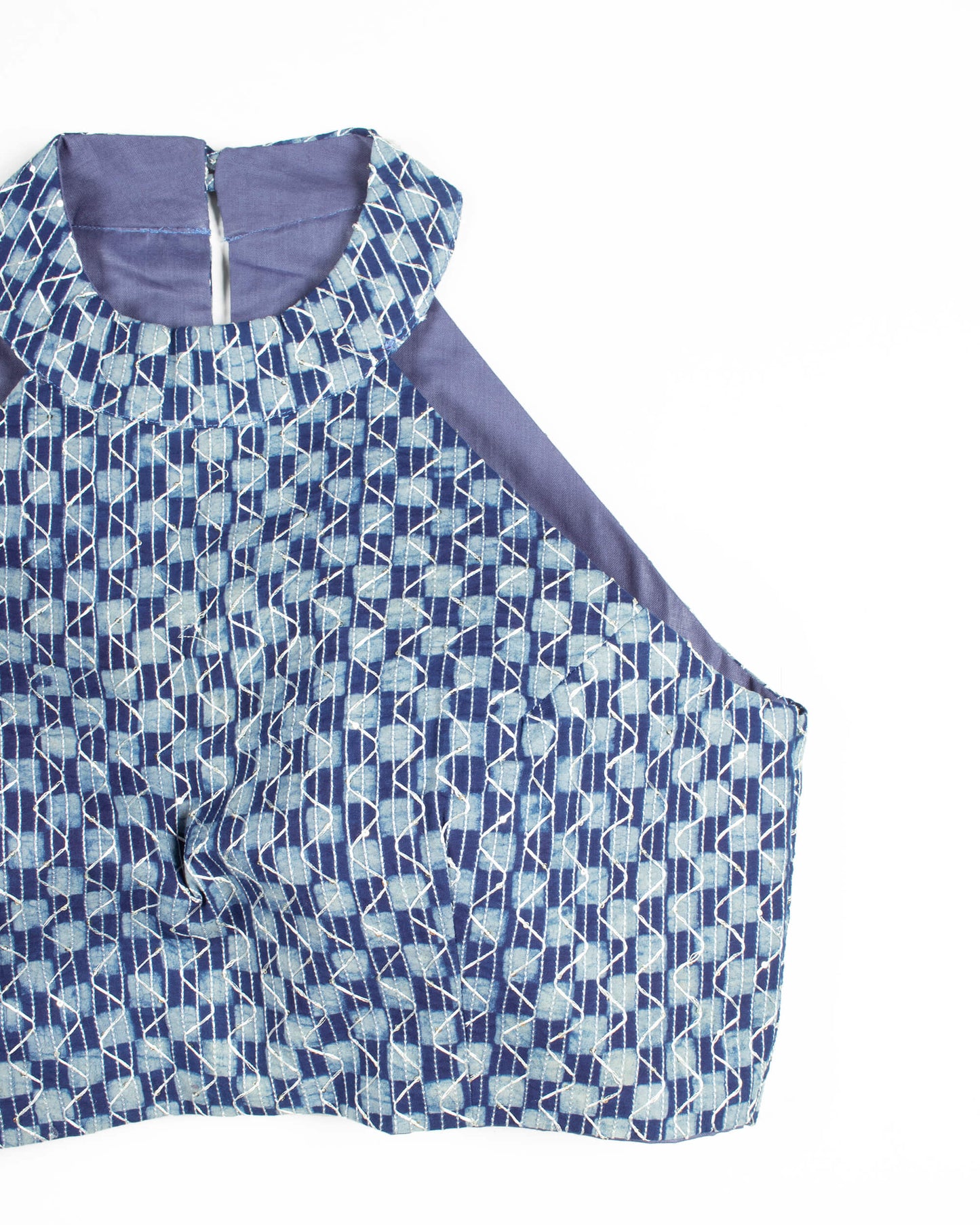 Indigo Sequins Embroidery Cotton Halter Neck Blouse