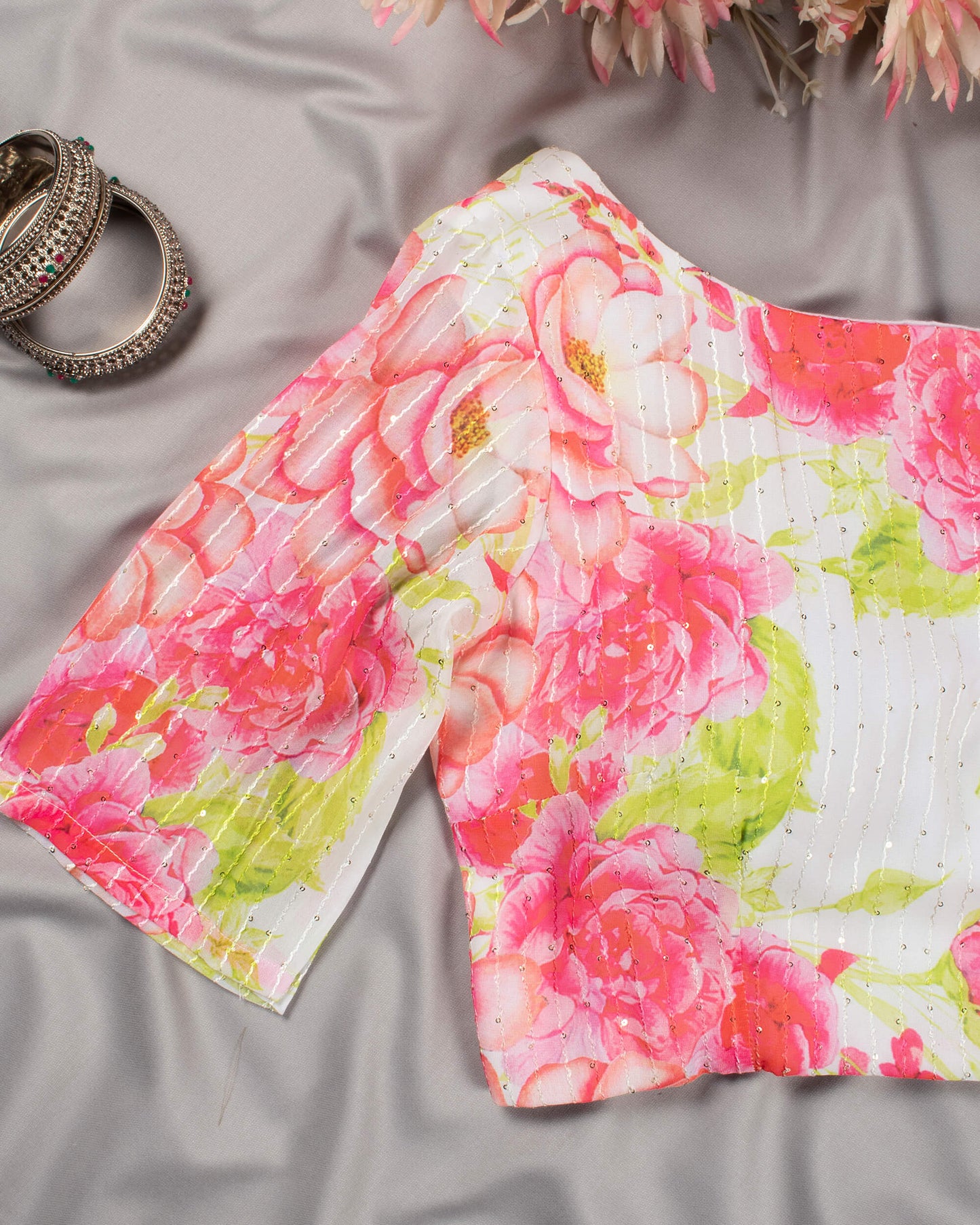 White And Pink Floral Pattern Digital Print Premium Sequins Georgette Saree