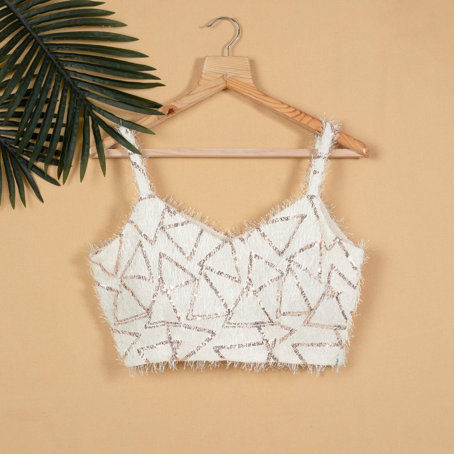 White Triangle Sequins Fur Strappy Blouse