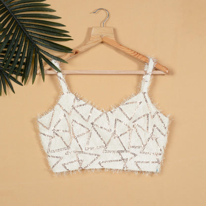 White Triangle Sequins Fur Strappy Blouse