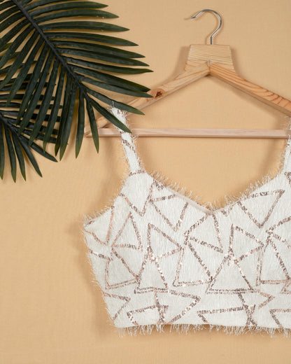 White Triangle Sequins Fur Strappy Blouse