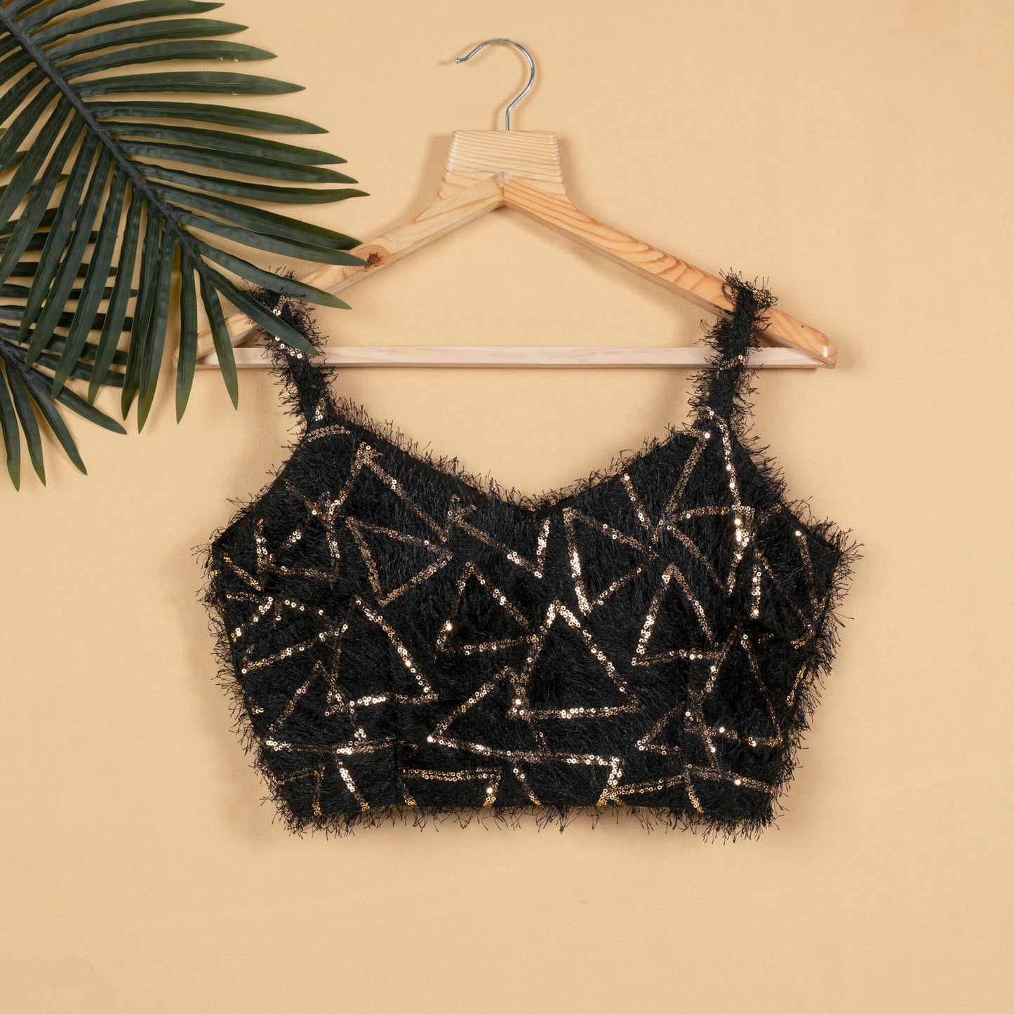 Black Triangle Sequins Fur Strappy Blouse