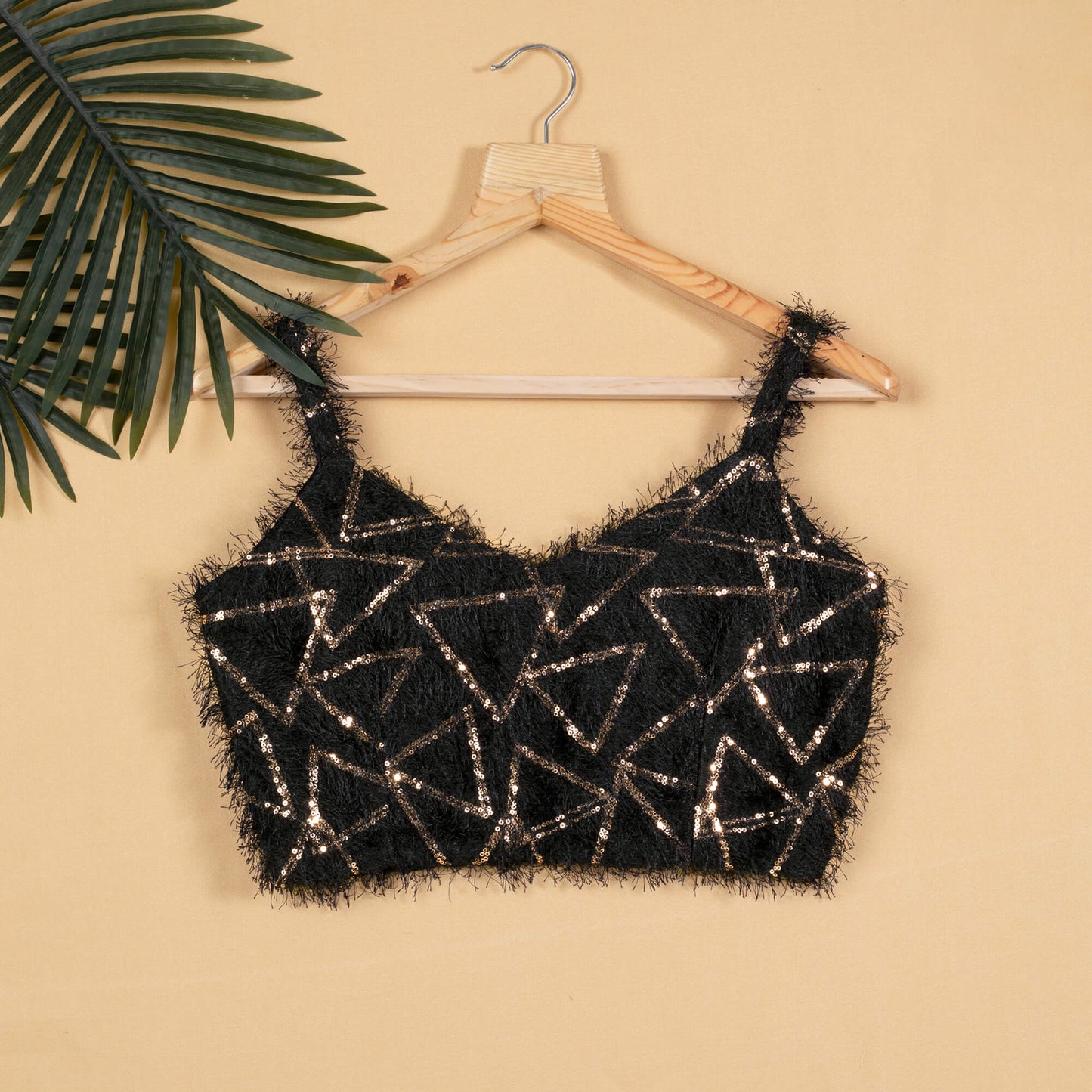 Black Triangle Sequins Fur Strappy Blouse