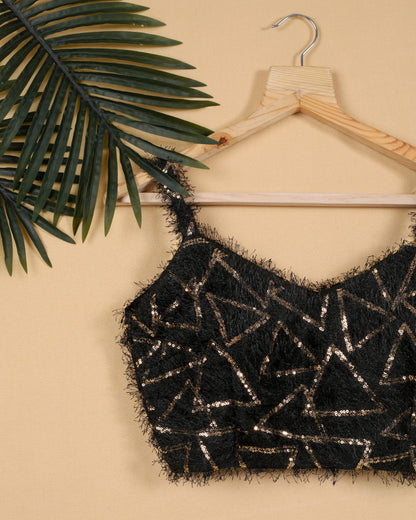Black Triangle Sequins Fur Strappy Blouse