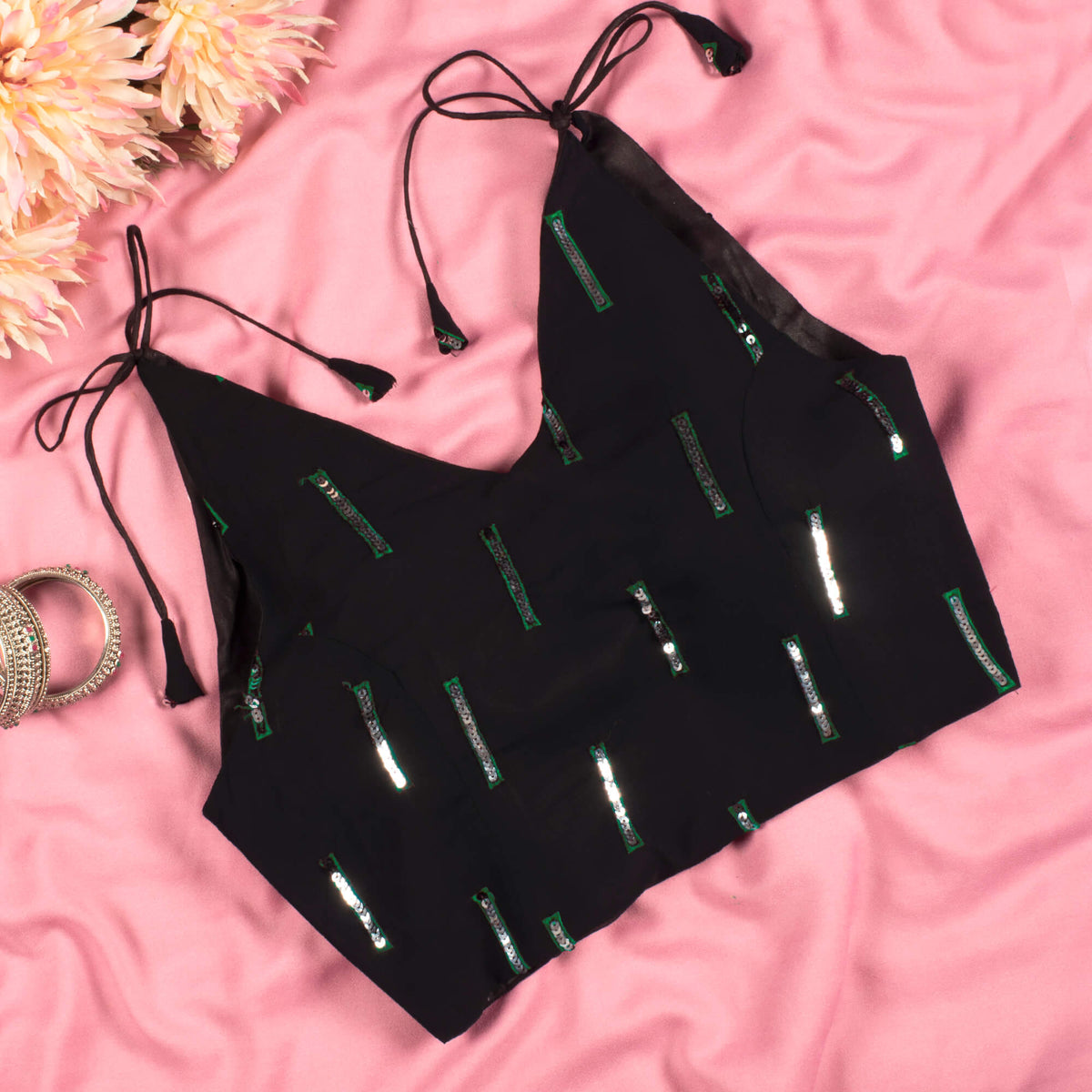 Green Sequins Georgette Spaghetti Tie Up Blouse