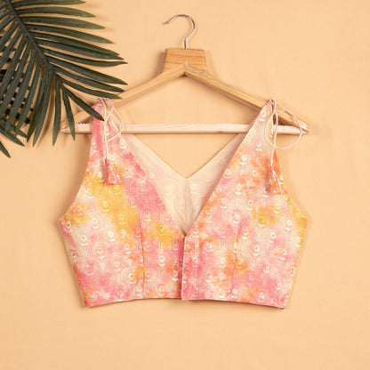 Floral Embroidery Sequins Spaghetti Tie Up Blouse