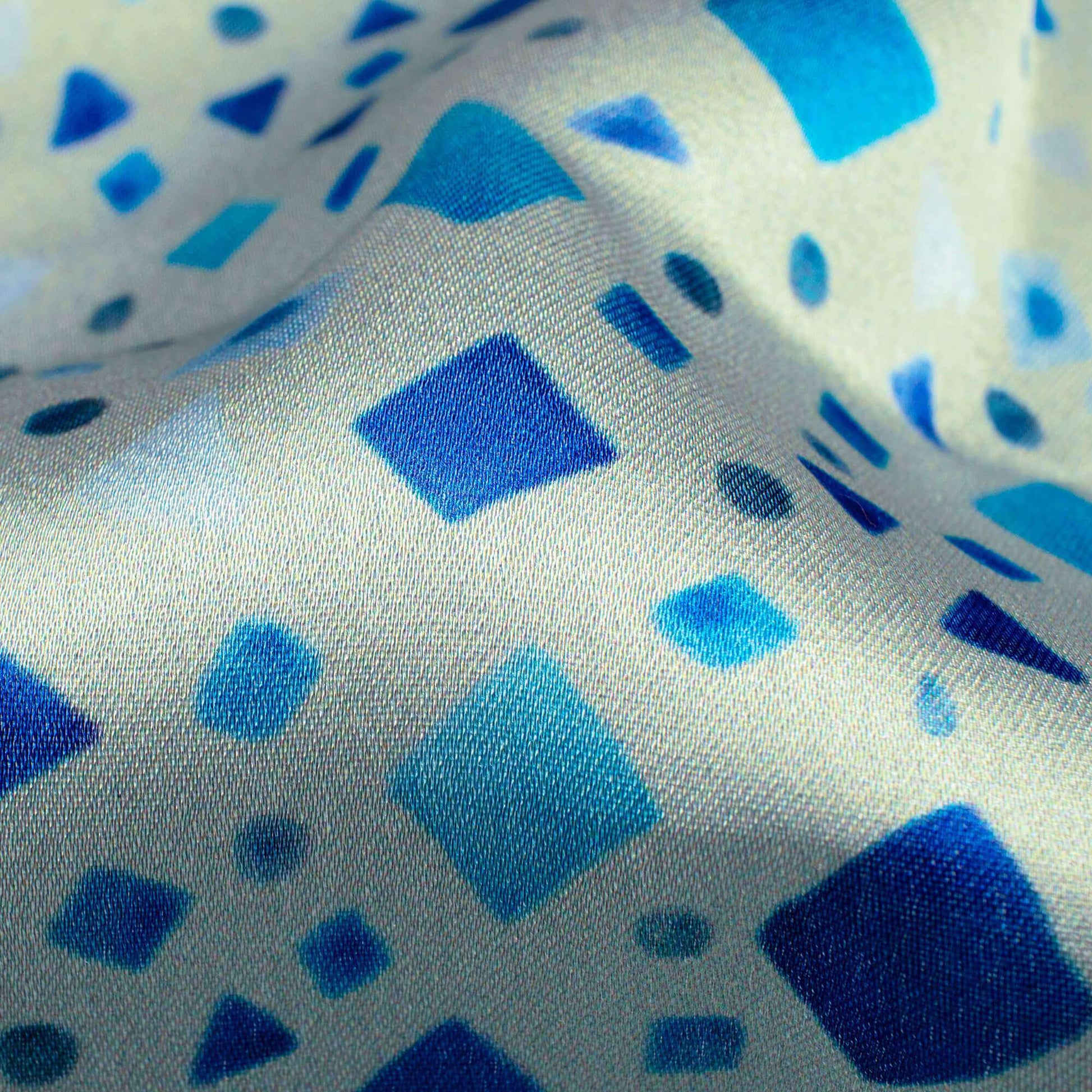 Vrunda's Choice Snow White And Blue Geometric Pattern Digital Print Japan Satin Fabric - Fabcurate