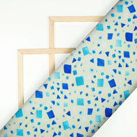 Vrunda's Choice Snow White And Blue Geometric Pattern Digital Print Japan Satin Fabric - Fabcurate