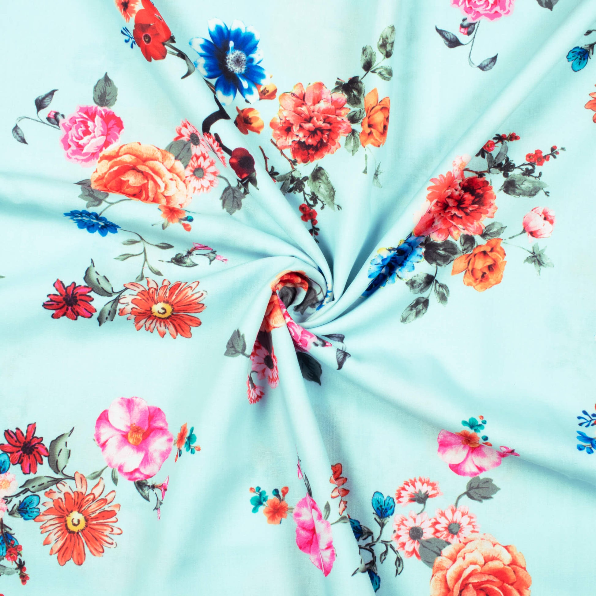 Laxmi's Choice Pale Blue And Pink Floral Pattern Digital Print Rayon Fabric - Fabcurate