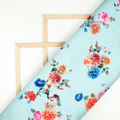 Laxmi's Choice Pale Blue And Pink Floral Pattern Digital Print Rayon Fabric - Fabcurate