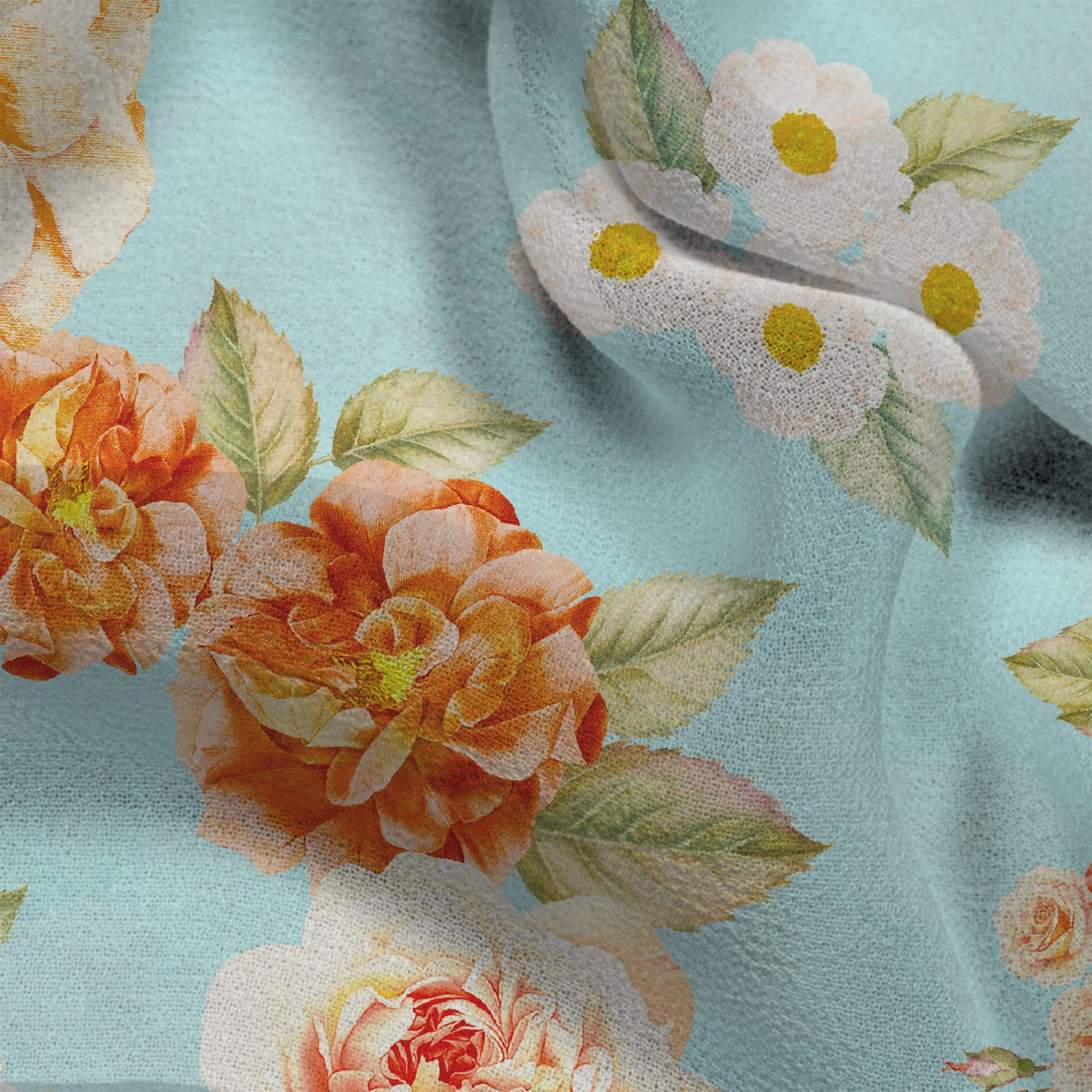 Akansha's Choice Sky Blue And Peach Floral Pattern Digital Print Georgette Fabric - Fabcurate