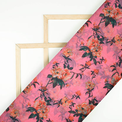 Heena's Choice Punch Pink And Green Floral Pattern Digital Print Premium Organza Fabric - Fabcurate
