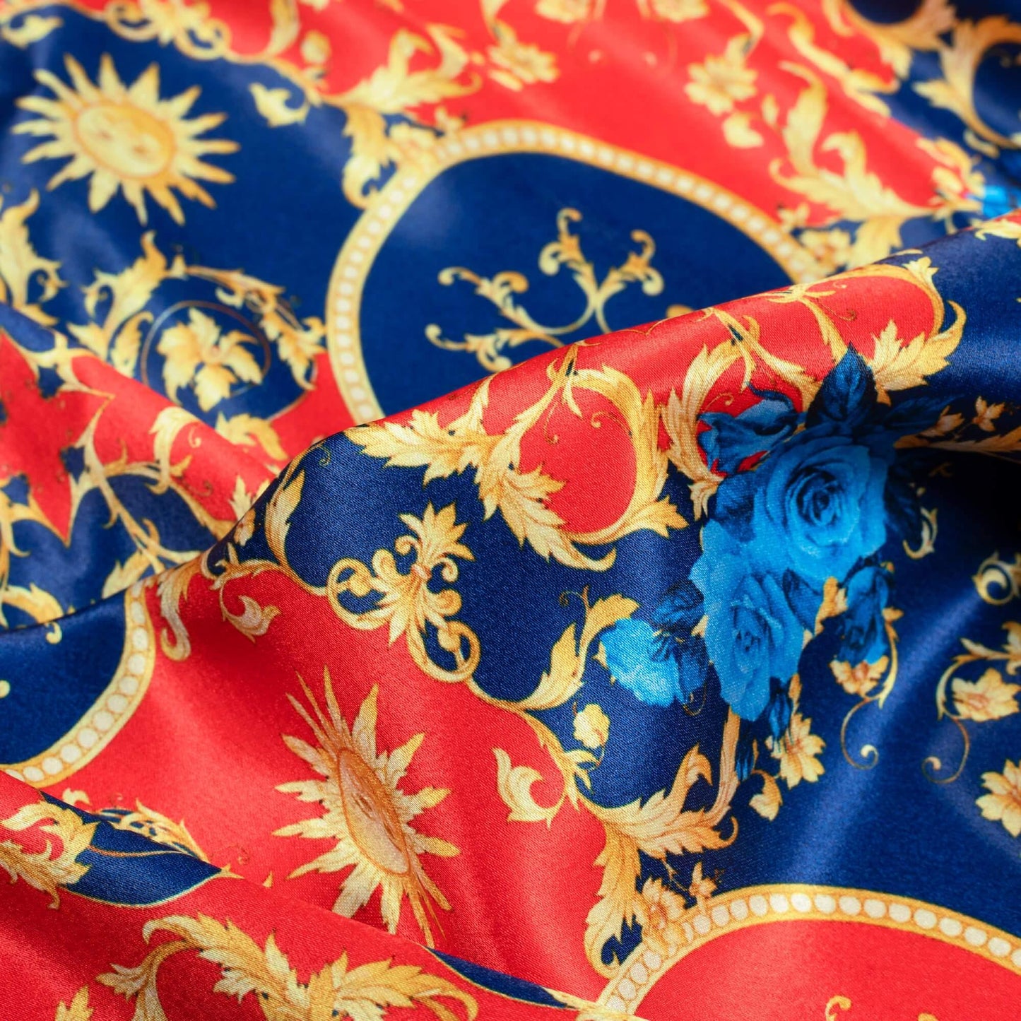 Harsh's Choice Red And Royal Blue Abstarct Pattern Digital Print Japan Satin Fabric - Fabcurate