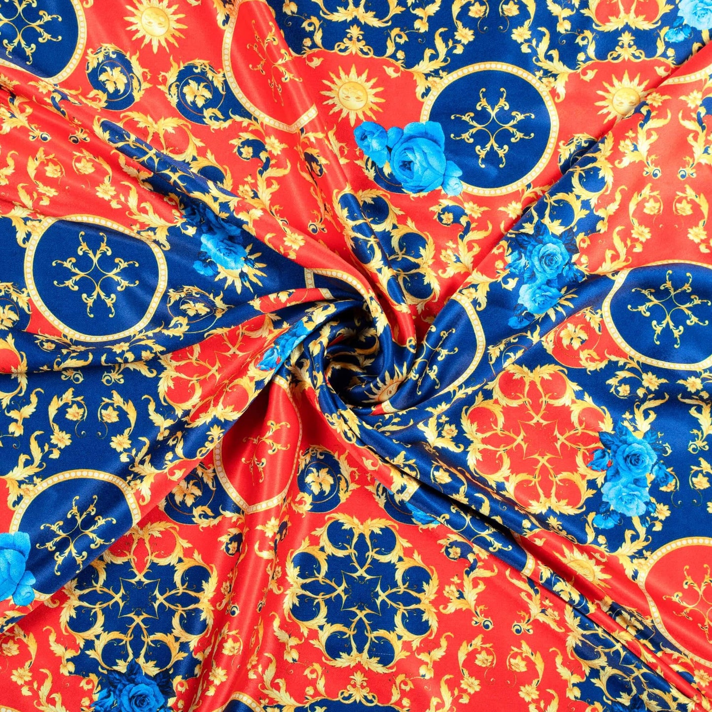 Harsh's Choice Red And Royal Blue Abstarct Pattern Digital Print Japan Satin Fabric - Fabcurate