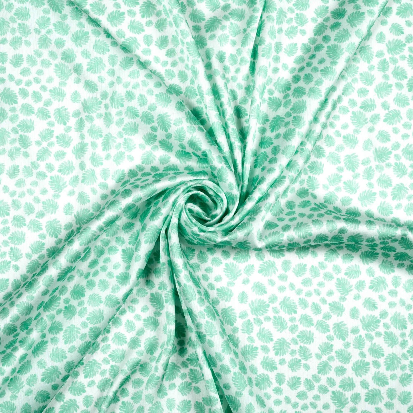 Krutika's Choice White And Sea Green Leaf Pattern Digital Print Chiffon Satin Fabric - Fabcurate