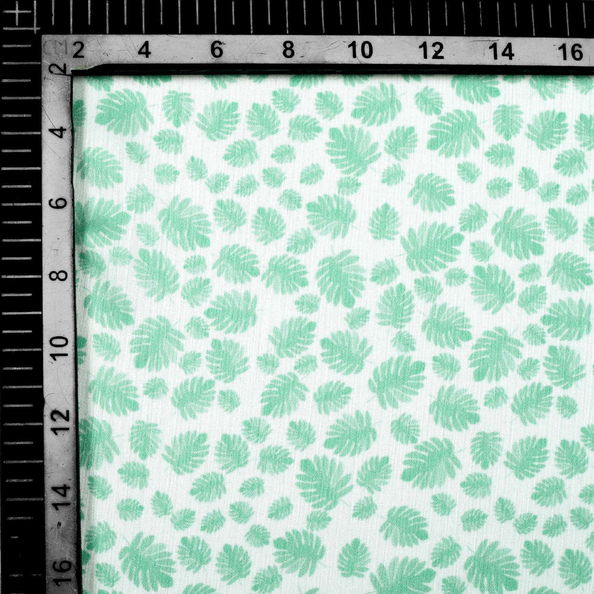 Krutika's Choice White And Sea Green Leaf Pattern Digital Print Chiffon Satin Fabric - Fabcurate