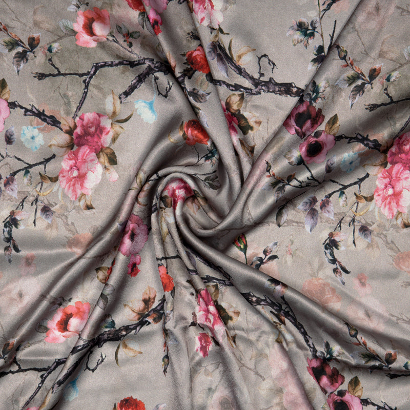 Mohini's Choice Light Grey Floral Pattern Digital Print Japan Satin Fabric