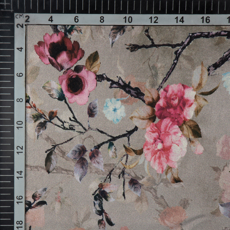 Mohini's Choice Light Grey Floral Pattern Digital Print Japan Satin Fabric