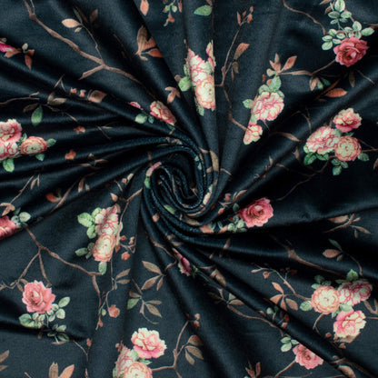 Rosy's Choice Peacock Blue And Pink Floral Pattern Digital Print Velvet Fabric (Width 58 Inches)