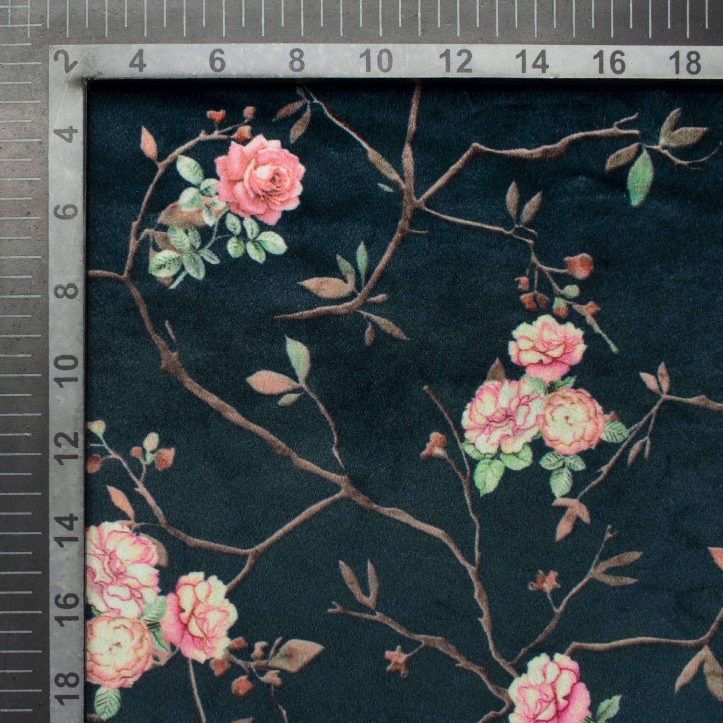 Rosy's Choice Peacock Blue And Pink Floral Pattern Digital Print Velvet Fabric (Width 54 Inches)