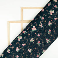 Rosy's Choice Peacock Blue And Pink Floral Pattern Digital Print Velvet Fabric (Width 58 Inches)