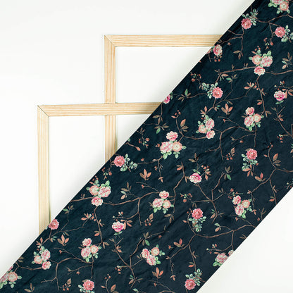 Rosy's Choice Peacock Blue And Pink Floral Pattern Digital Print Velvet Fabric (Width 58 Inches)