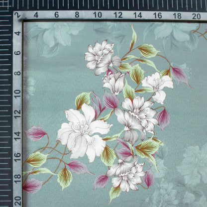Diza's Choice Cadet Blue And White Floral Pattern Digital Print Charmeuse Satin Fabric (Width 58 Inches)