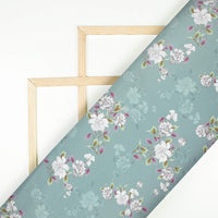 Diza's Choice Cadet Blue And White Floral Pattern Digital Print Charmeuse Satin Fabric (Width 58 Inches)