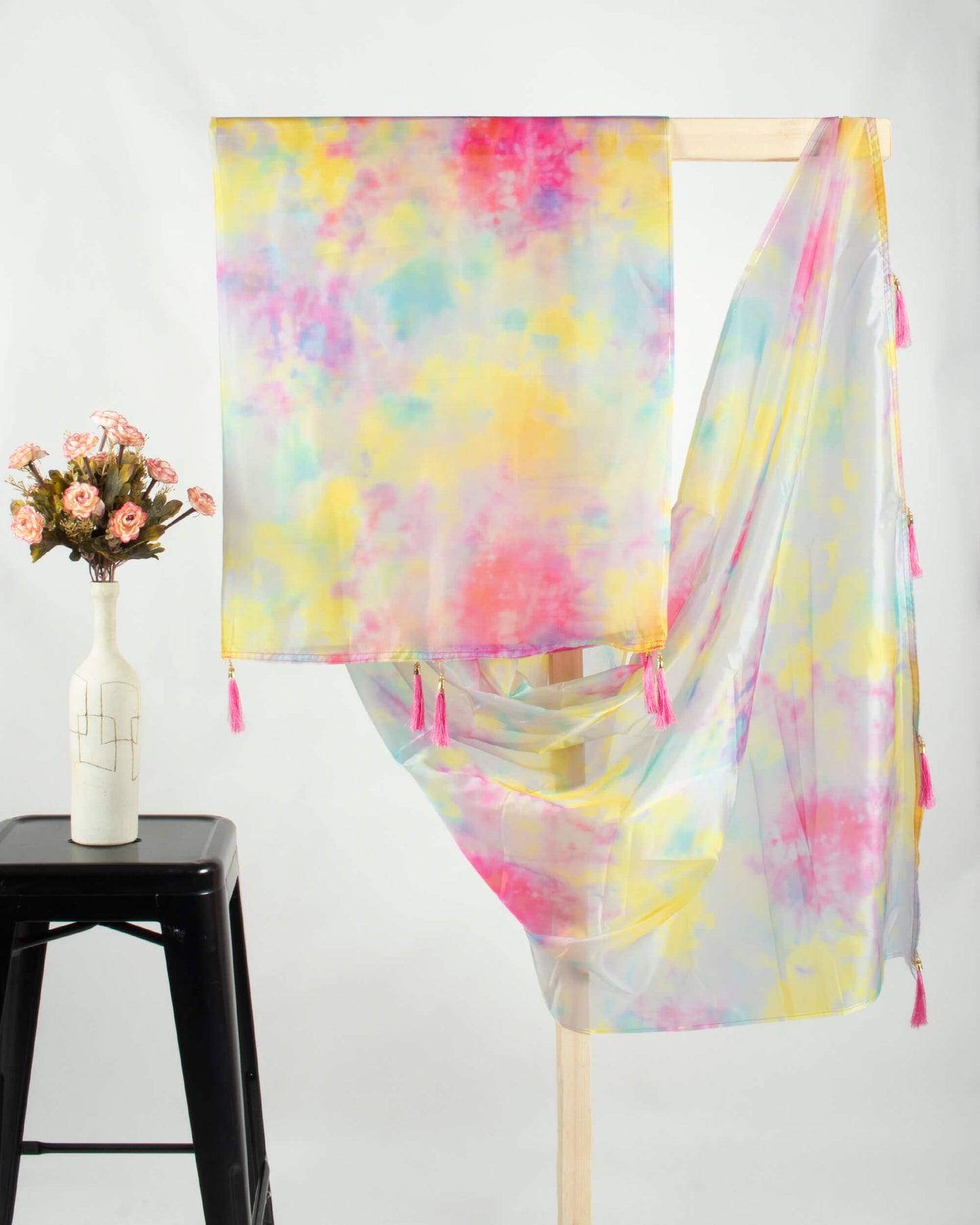 Pink And Yellow Tye And Dye Pattern Digital Print Organza Satin Dupatta With Tassels