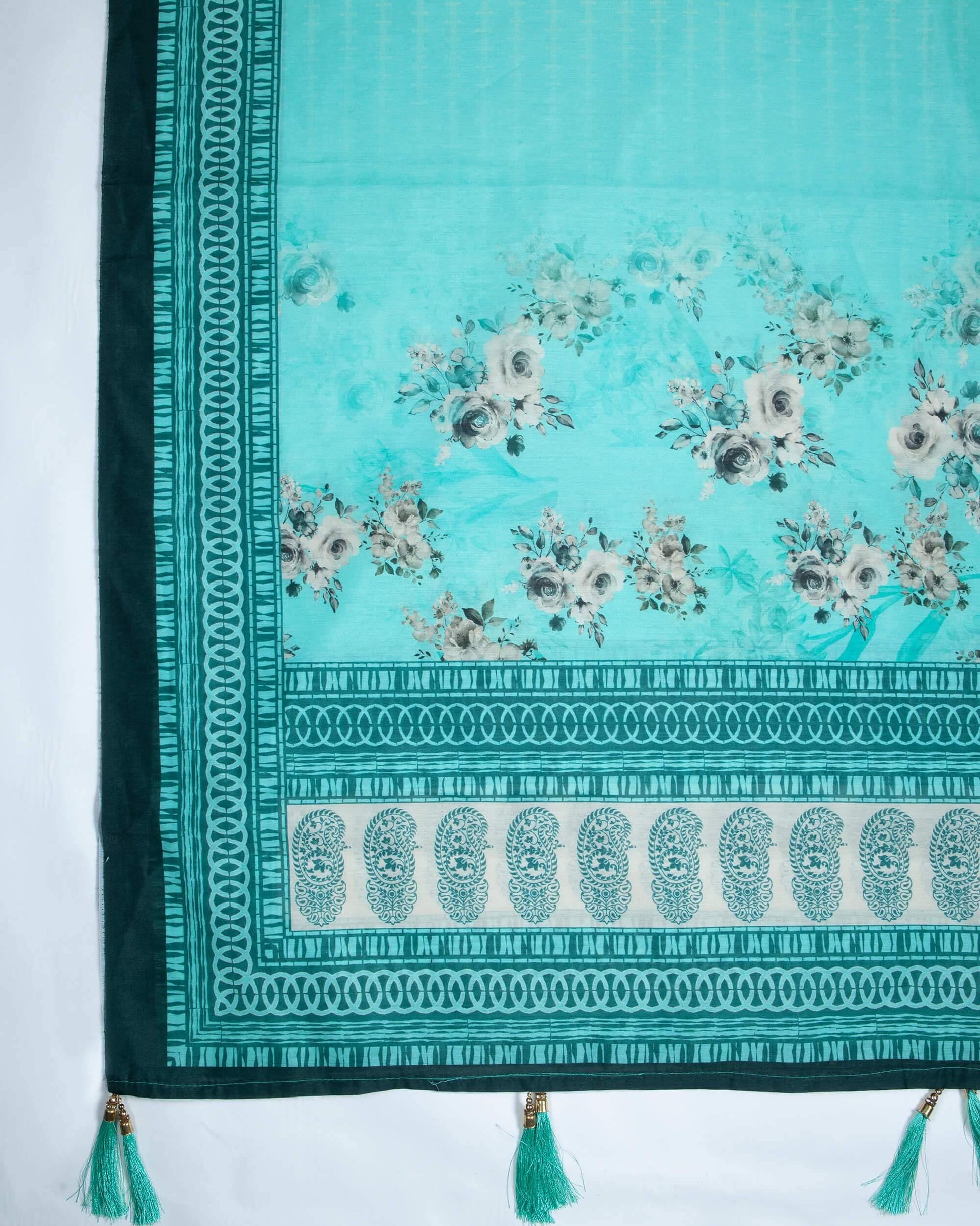 Turquoise And Black Floral Pattren Digital Print Chanderi Dupatta With Tassels - Fabcurate