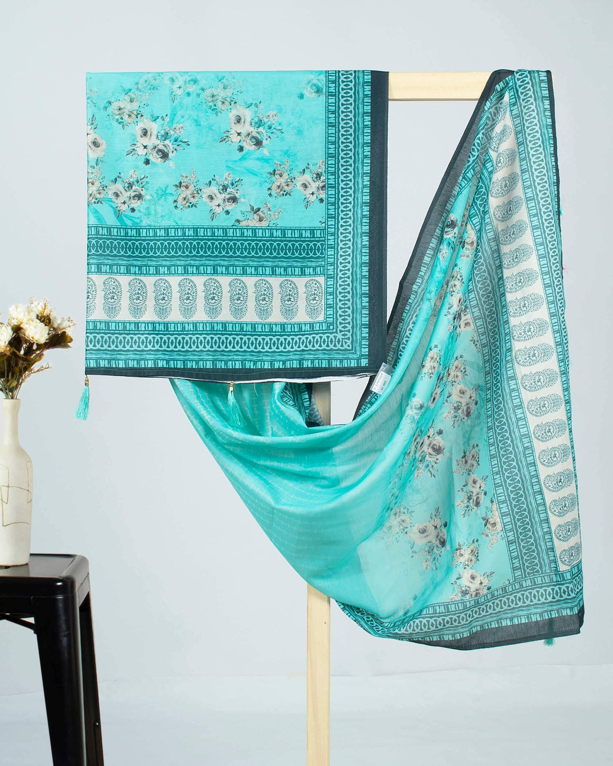 Turquoise And Black Floral Pattren Digital Print Chanderi Dupatta With Tassels - Fabcurate