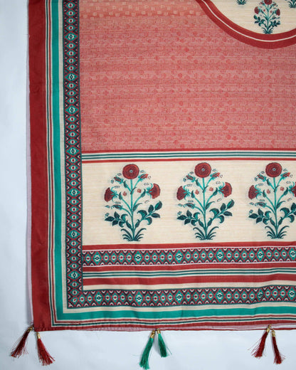 Sangria Red And Oyster Beige Floral Pattren Digital Print Chanderi Dupatta With Tassels - Fabcurate