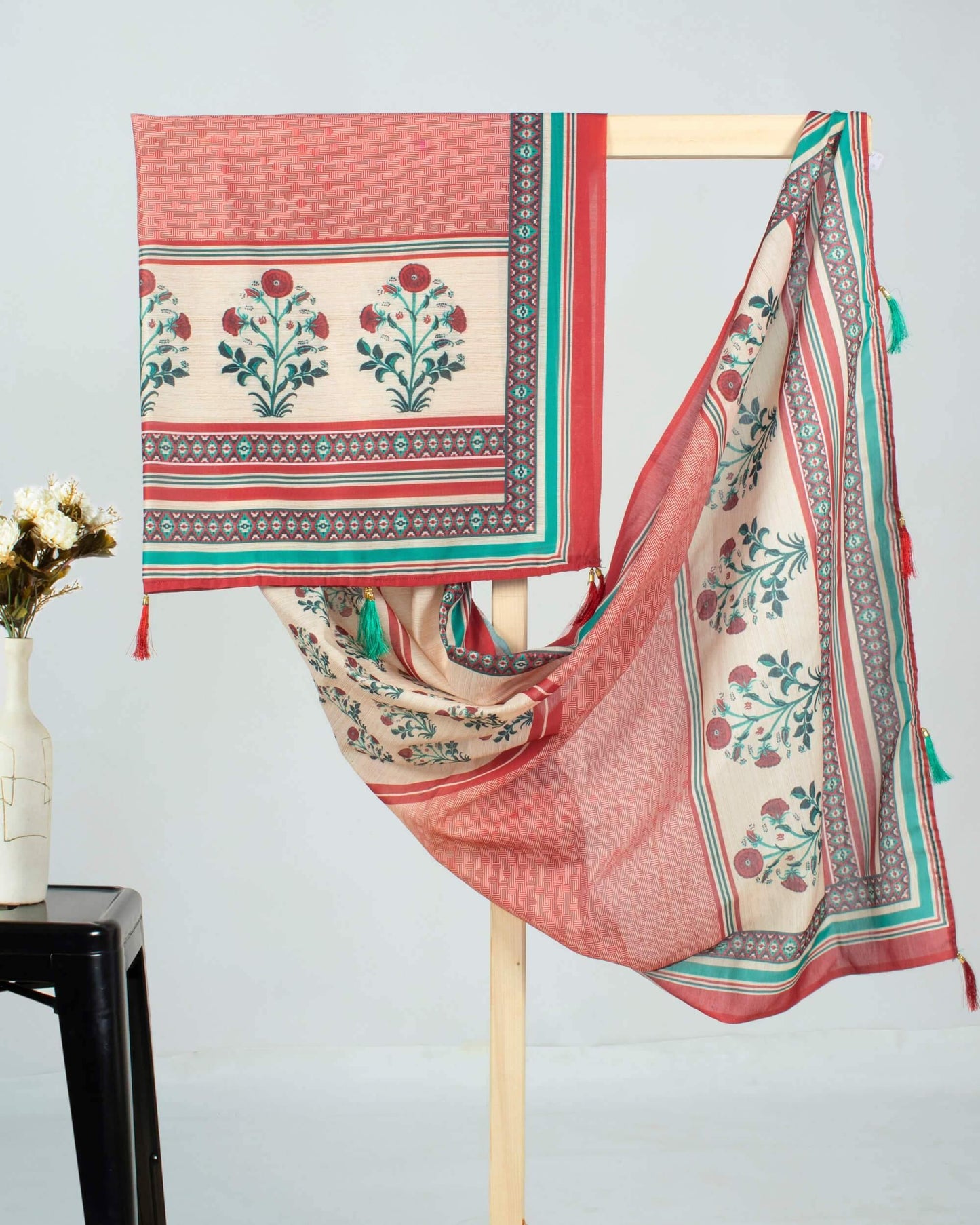 Sangria Red And Oyster Beige Floral Pattren Digital Print Chanderi Dupatta With Tassels - Fabcurate