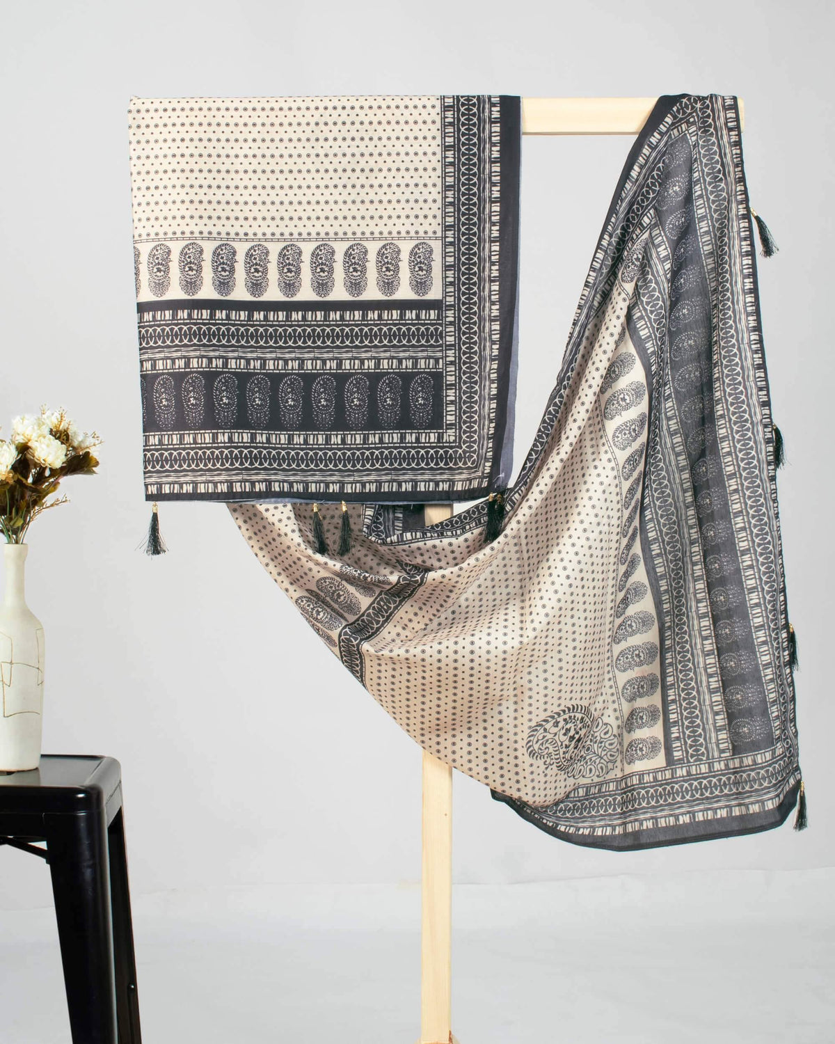 Black And Oyster Beige Paisely Pattren Digital Print Chanderi Dupatta With Tassels - Fabcurate