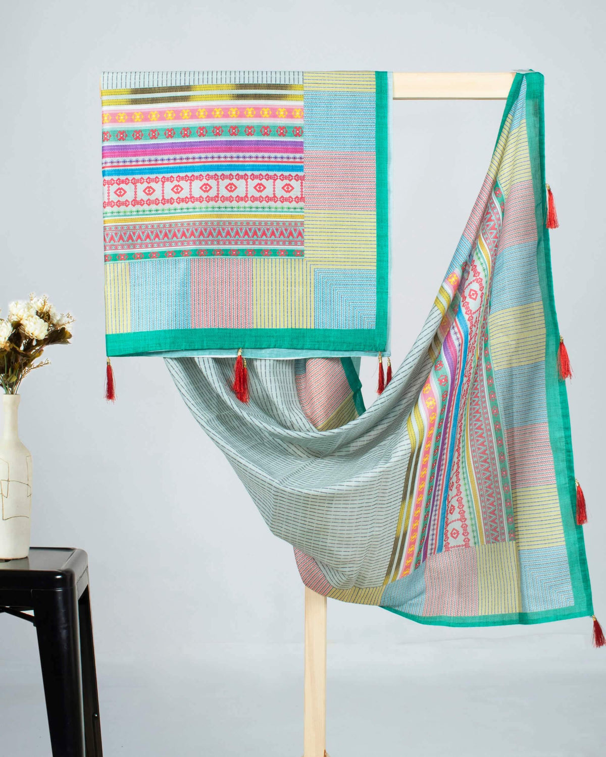 Multi-Color Stripes Pattren Digital Print Chanderi Dupatta With Tassels - Fabcurate