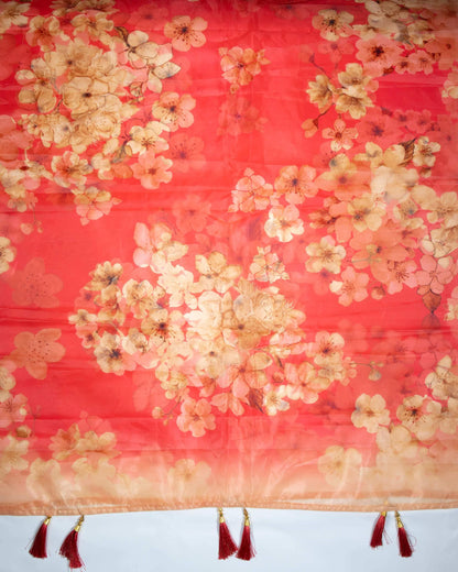 Cerise Pink And Oat Beige Floral Pattern Digital Print Premium Organza Dupatta With Tassels - Fabcurate