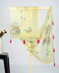 Olive Green And Pink Quirky Pattern Digital Print Premium Organza Dupatta With Tassels - Fabcurate
