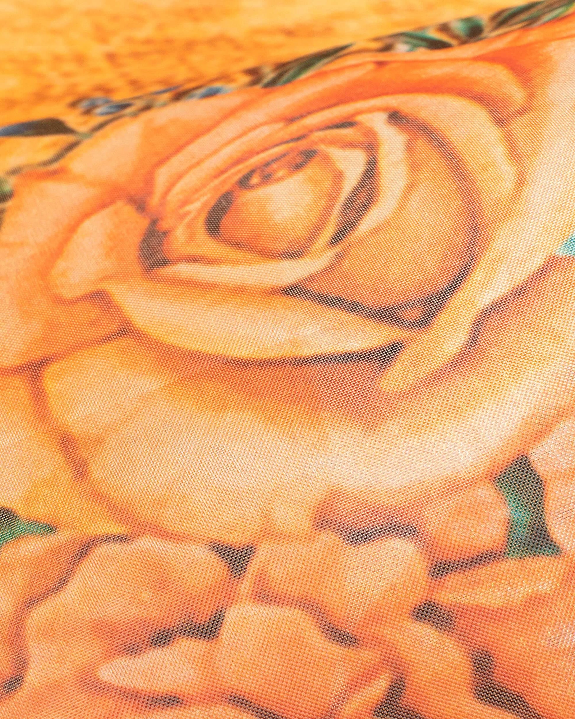 Salmon Orange And Teal Green Floral Pattern Digital Print Premium Organza Dupatta With Tassels - Fabcurate
