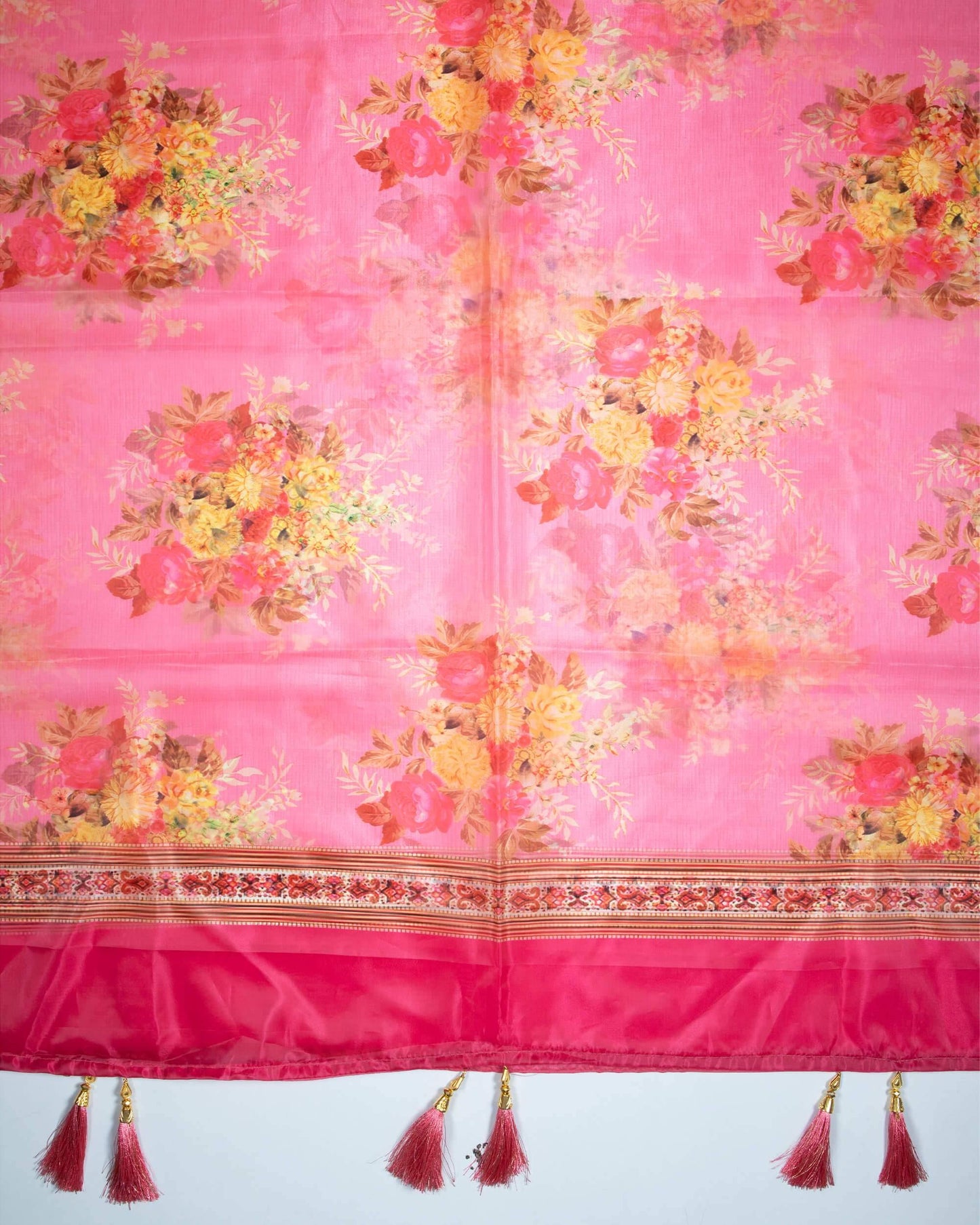 Punch Pink And Trombone Yellow Floral Pattern Digital Print Premium Organza Dupatta With Tassels - Fabcurate