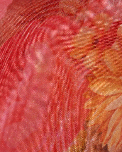 Punch Pink And Trombone Yellow Floral Pattern Digital Print Premium Organza Dupatta With Tassels - Fabcurate