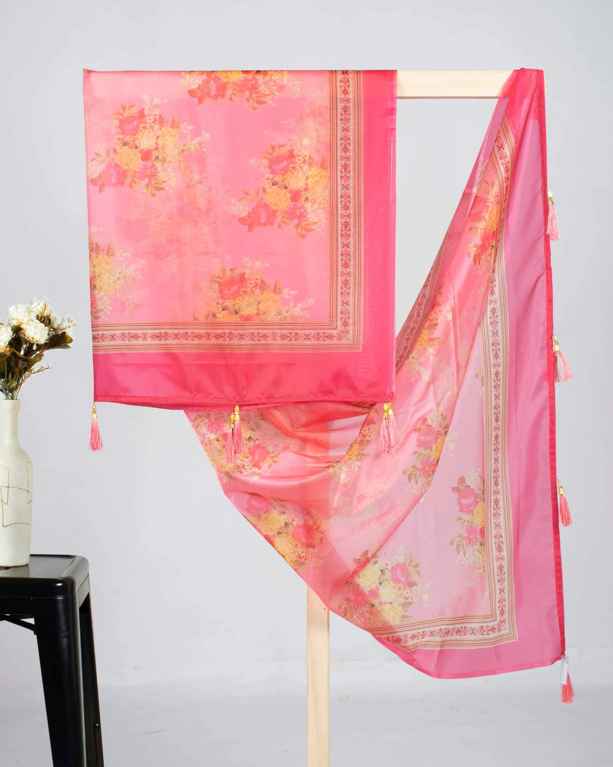 Punch Pink And Trombone Yellow Floral Pattern Digital Print Premium Organza Dupatta With Tassels - Fabcurate