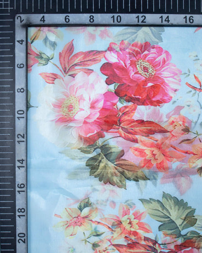 Lagoon Blue And Pink Floral Pattern Digital Print Premium Organza Dupatta With Tassels - Fabcurate